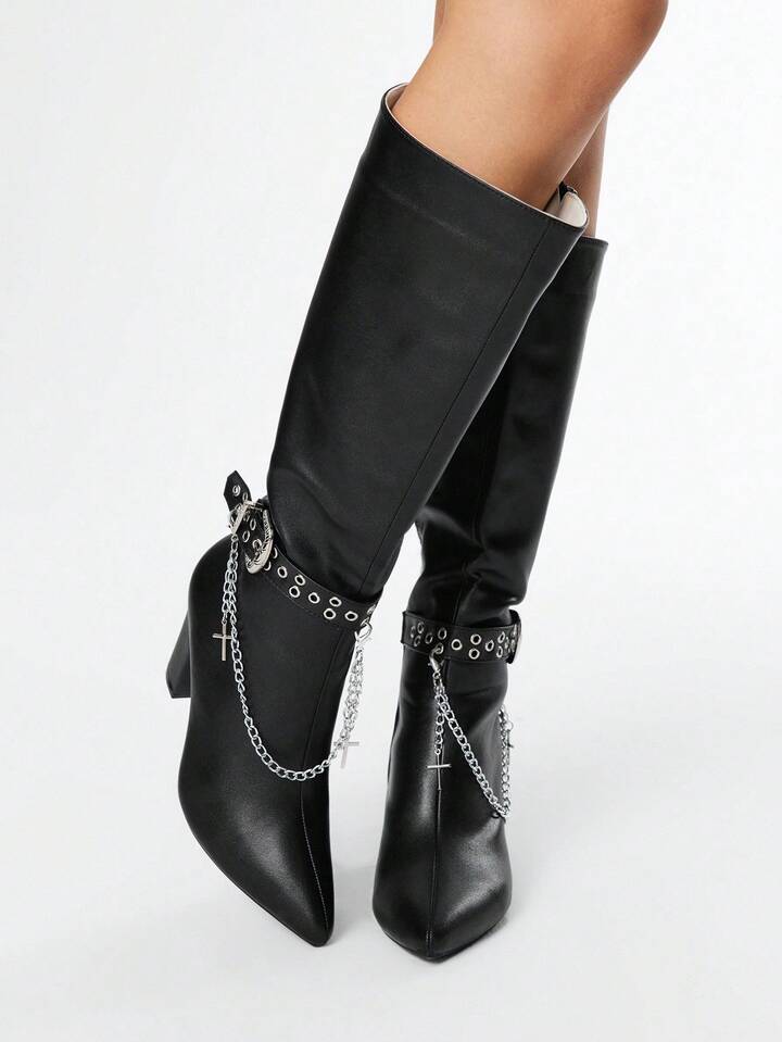 Grunge Punk Women's High Heel Boots, Versatile Elegant Pointed Toe Fashion PU Thick Heel Boots, Autumn/Winter