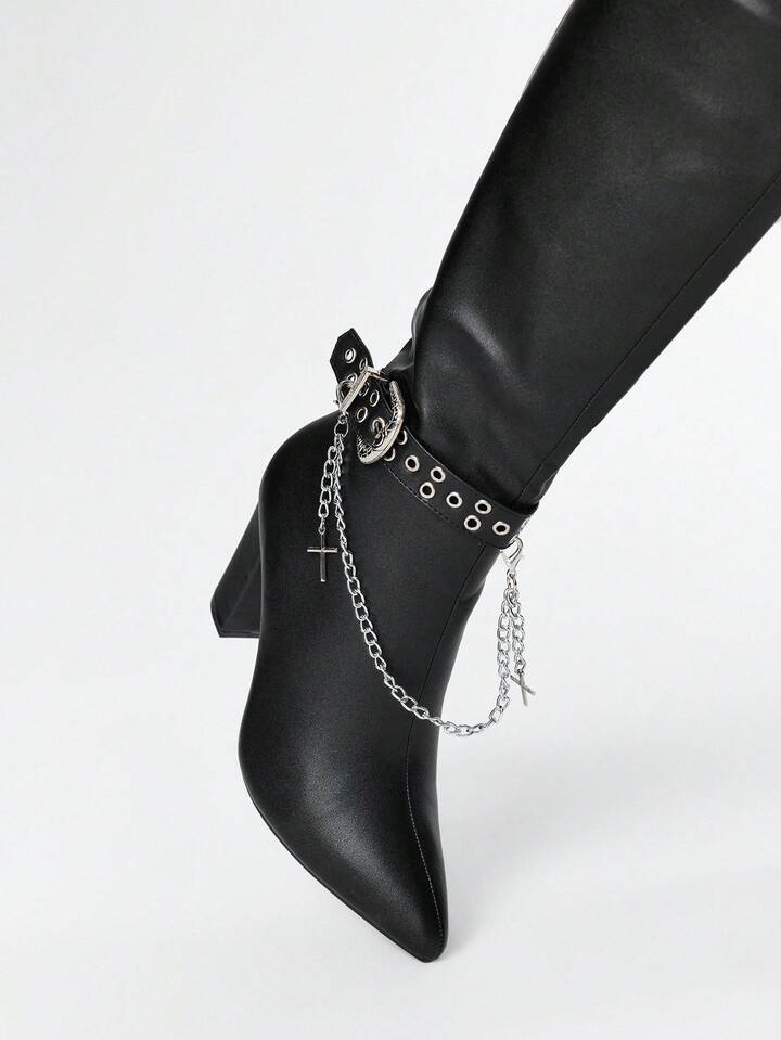 Grunge Punk Women's High Heel Boots, Versatile Elegant Pointed Toe Fashion PU Thick Heel Boots, Autumn/Winter 3 Grunge Punk Women's High Heel Boots, Versatile Elegant Pointed Toe Fashion PU Thick Heel Boots, Autumn/Winter