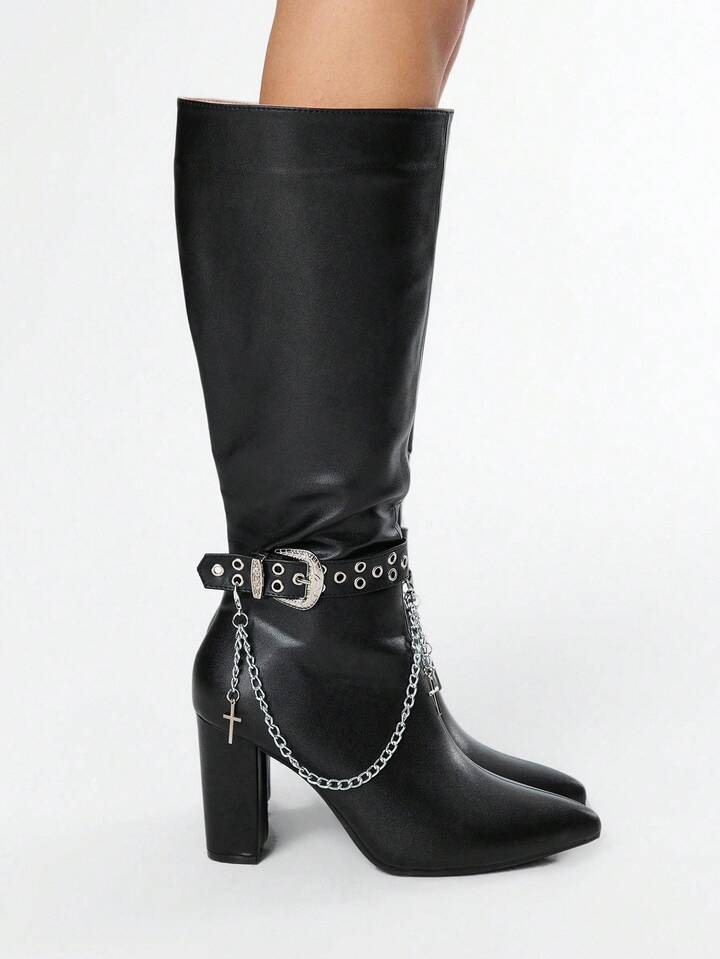 Grunge Punk Women's High Heel Boots, Versatile Elegant Pointed Toe Fashion PU Thick Heel Boots, Autumn/Winter 4 Grunge Punk Women's High Heel Boots, Versatile Elegant Pointed Toe Fashion PU Thick Heel Boots, Autumn/Winter