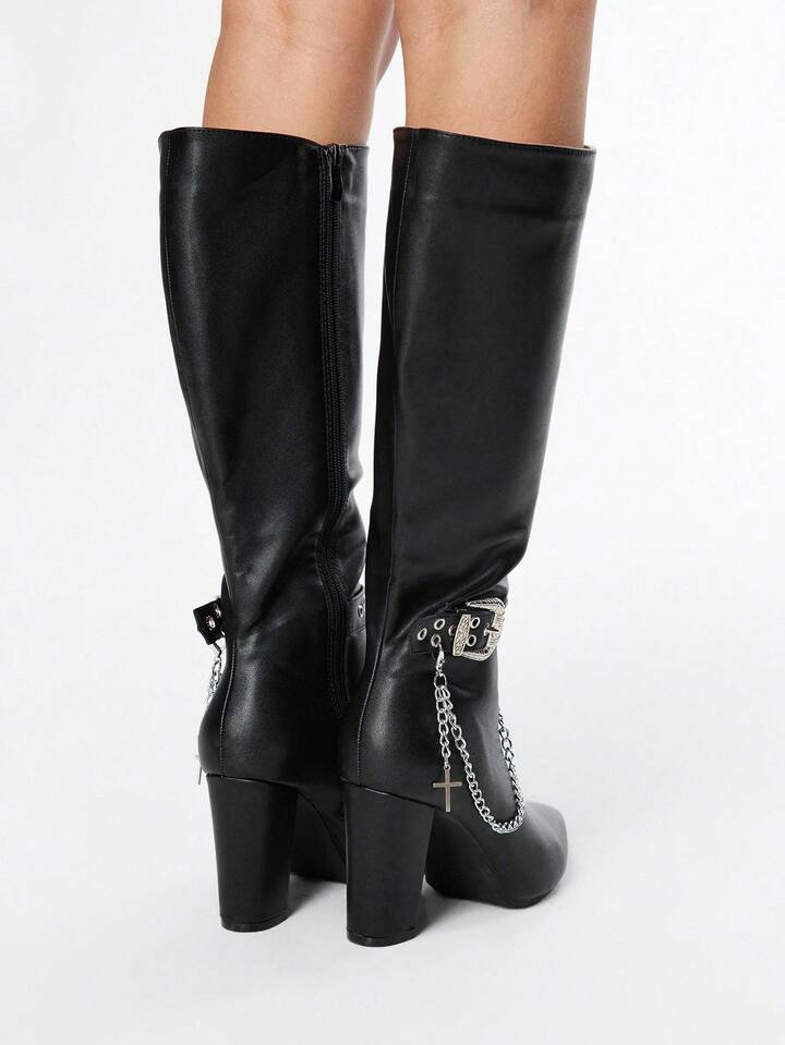 Grunge Punk Women's High Heel Boots, Versatile Elegant Pointed Toe Fashion PU Thick Heel Boots, Autumn/Winter 5 Grunge Punk Women's High Heel Boots, Versatile Elegant Pointed Toe Fashion PU Thick Heel Boots, Autumn/Winter