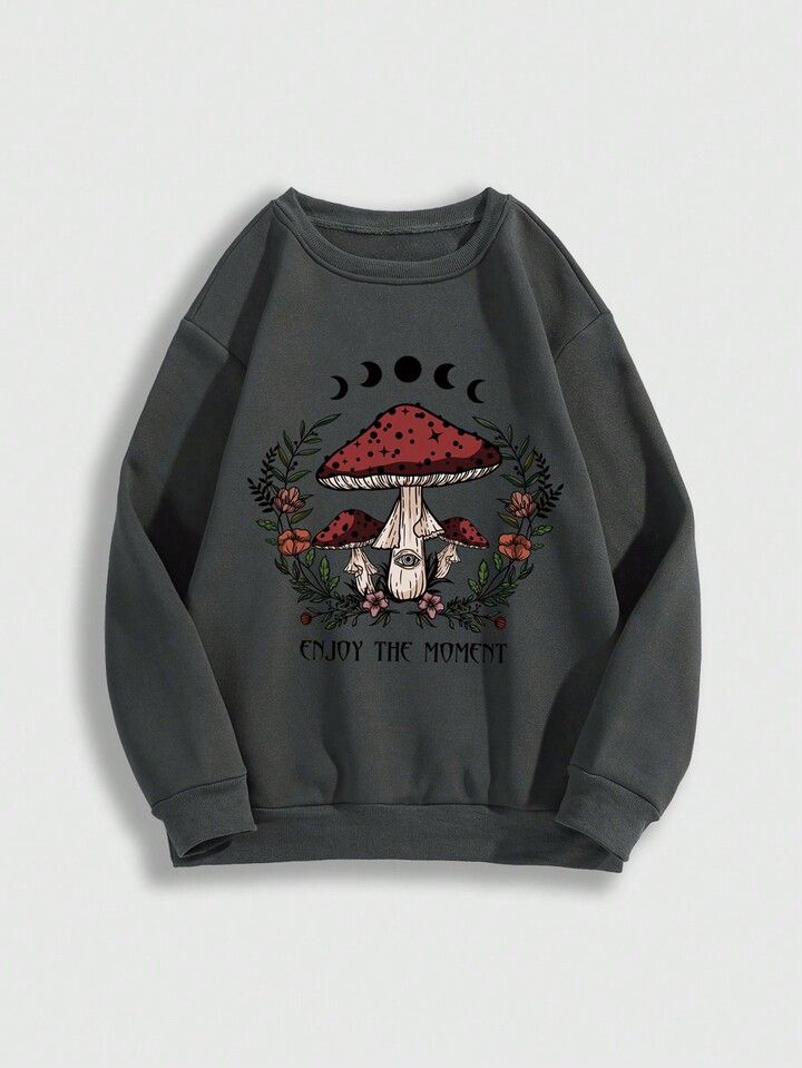 Fairycore Plus Size Mushroom Print Round Neck Long Sleeve Casual Pullover Sweatshirt