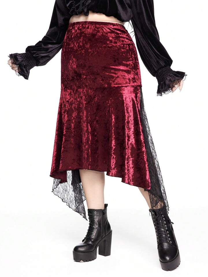 Christmas Plus Size Women Gothic Style Asymmetrical Hem Lace Patchwork Bodycon Velvet Skirt