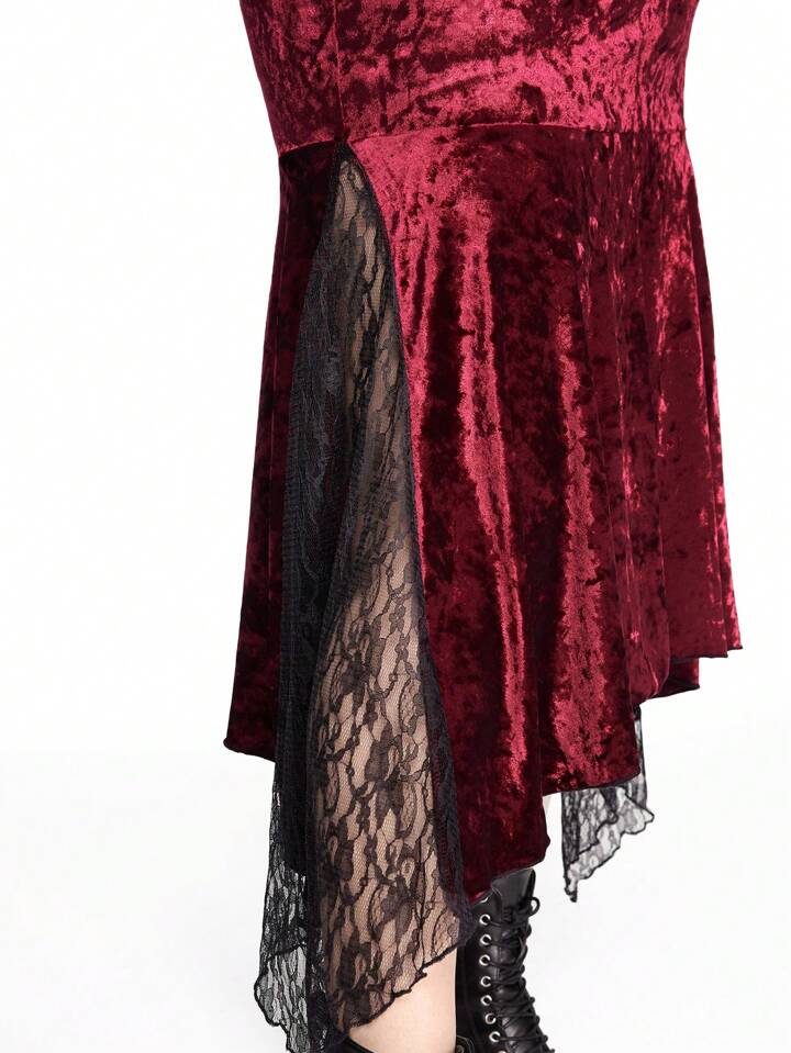 Christmas Plus Size Women Gothic Style Asymmetrical Hem Lace Patchwork Bodycon Velvet Skirt