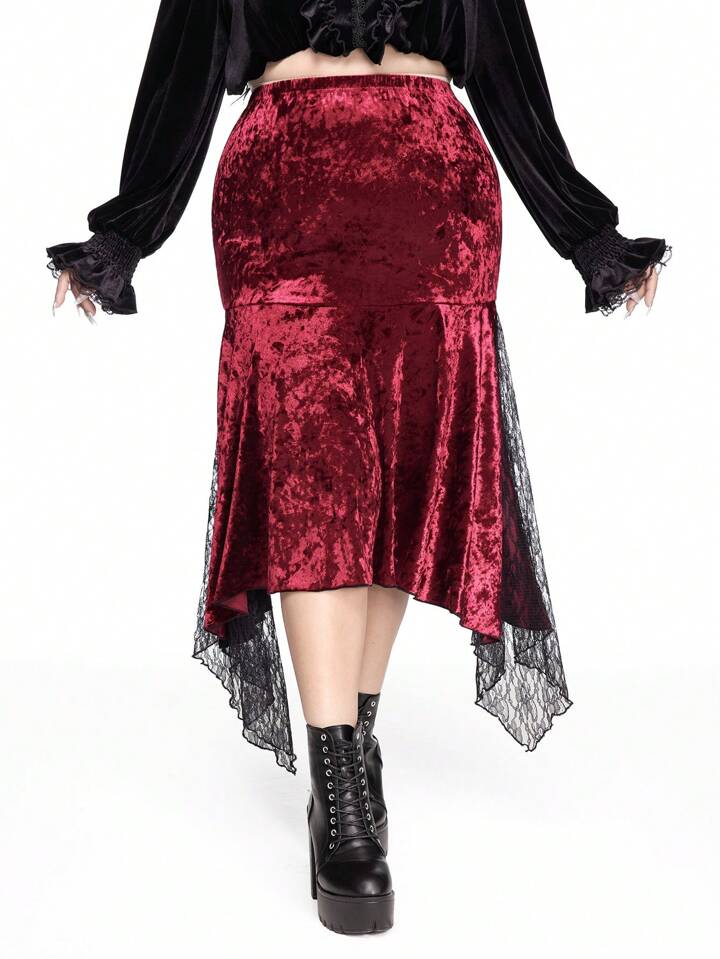 Christmas Plus Size Women Gothic Style Asymmetrical Hem Lace Patchwork Bodycon Velvet Skirt