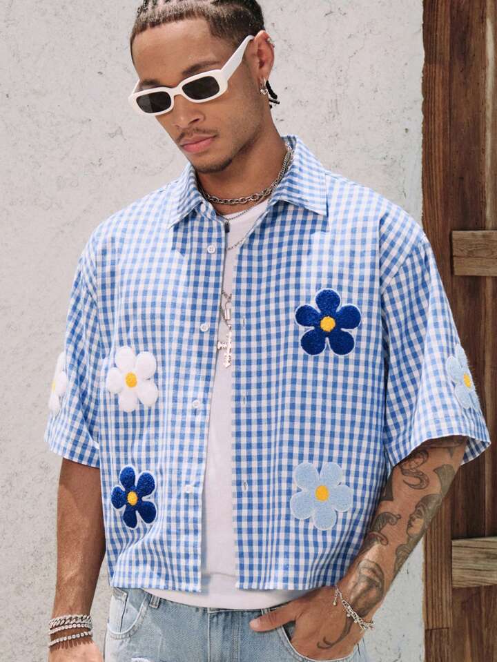 Casual Men's Simple Floral Plaid Fashion Shirt, Suitable For Summer Vacation