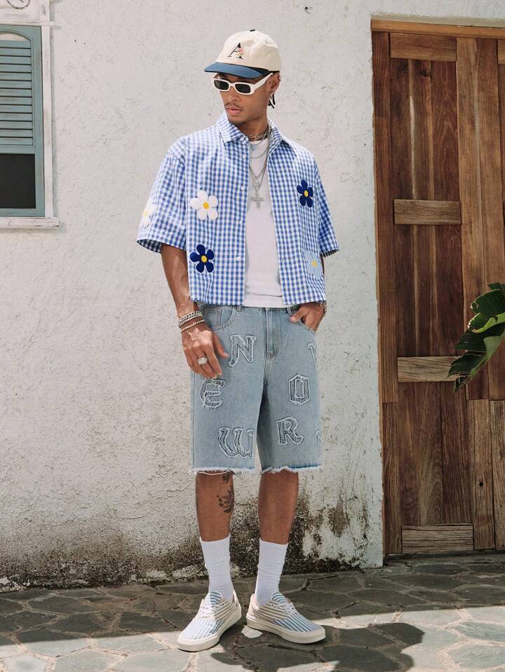 Casual Men's Simple Floral Plaid Fashion Shirt, Suitable For Summer Vacation