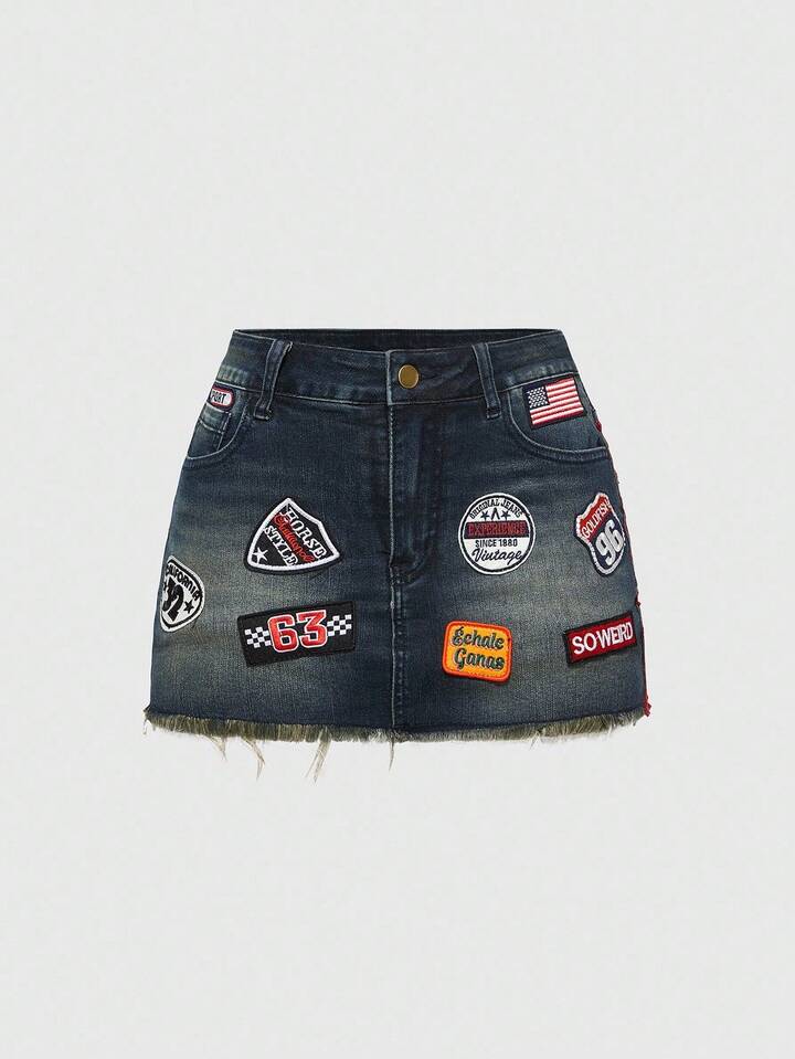 ROMWE Avant Vintage Distressed Retro Logo Denim Mini Skirt For Women