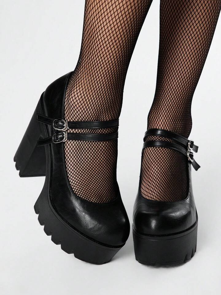 Goth Women's Sexy Thick Sole Platform Pumps, Spring/Autumn Fashion Solid Color Metal Double Strap Buckle High Heel Mary Jane Shoes For Christmas