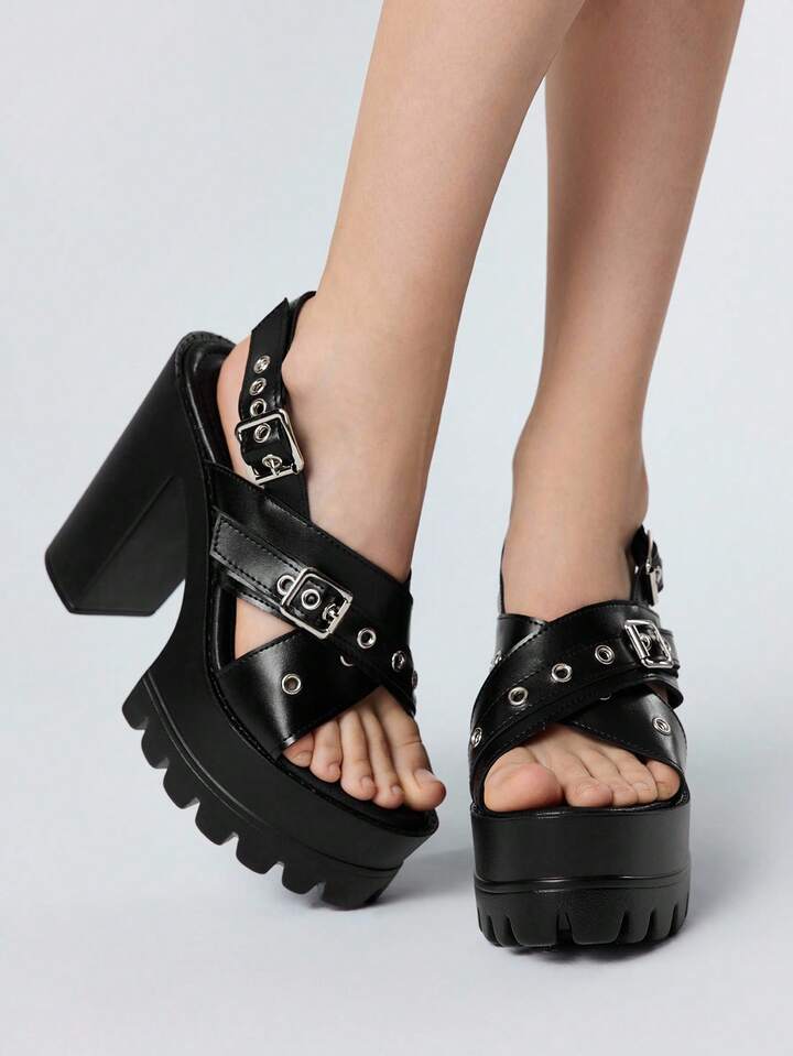 Grunge Punk Women's Elegant Fashion Casual Black Round Toe Chunky Heel Pumps, Punk Goth Style Roman Sandals Suitable For Party, Daily Wear, Formal Events, Height Increasing And Leg Lengthening, Comfortable And Versatile High Heels