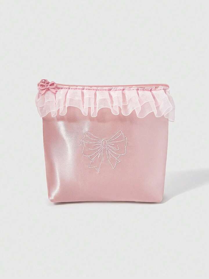 Kawaii Embroidered Bow Floral Edge $Mall Bucket Tissue Box, Makeup Bag, Travel Sanitary Pad Organizer, Gift Coin Purse