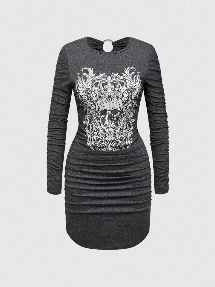 Grunge Punk Y2K Style Skeleton Crown & Rose Rhinestone Inlaid PU Mini Dress For Women