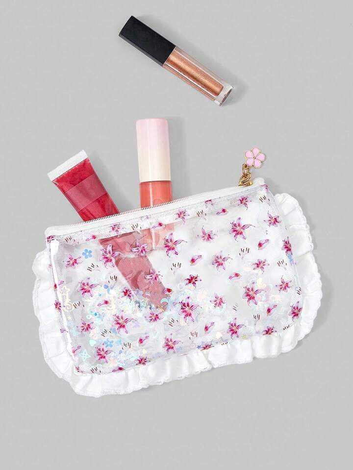 Fairycore Transparent PVC Sequin White Lace All-Over Red Flower Pattern Cosmetic Makeup Bag, Small Handy Size Storage Box