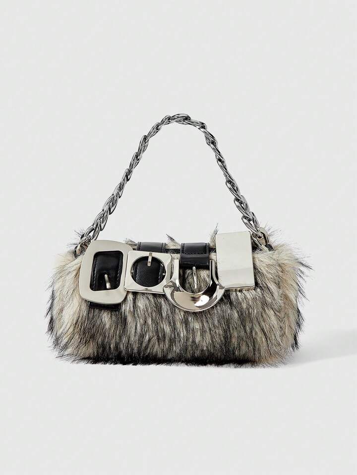 Grunge Punk 2000s Style Women  Handbags,Punk Rivet Biker Bags,Metal Chain Bag,Fur Purse ,Autumn & Winter Wallets(Random Pattern)