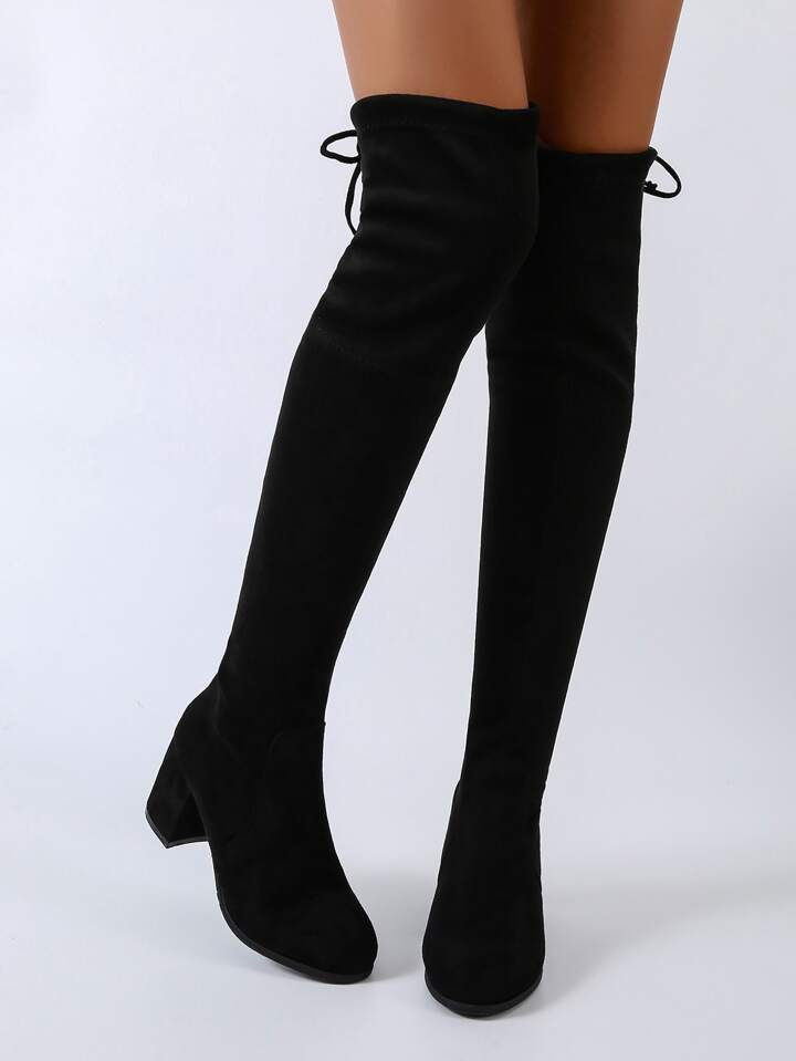Black Solid Color Elastic Ankle Boots And Simple Style Thicken Heel Boots