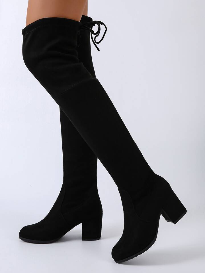 Black Solid Color Elastic Ankle Boots And Simple Style Thicken Heel Boots