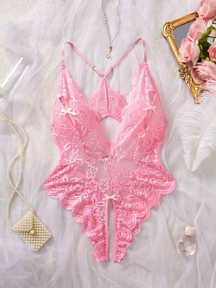 Kawaii Pink Lace Open Crotch Sexy Lingerie Bodysuit, Spandex Alluring Bodysuit Suitable For Romantic Occasions, Rave For Going Out, For Valentine's Day