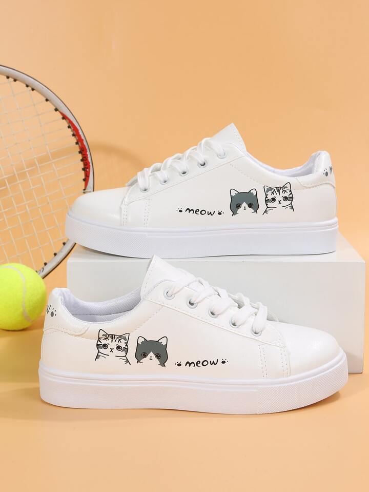 Fall/Winter Women's Cute Owl Pattern Decorated Casual Sneakers, White Lace-Up Skateboard Shoes, Suitable For All Seasons
