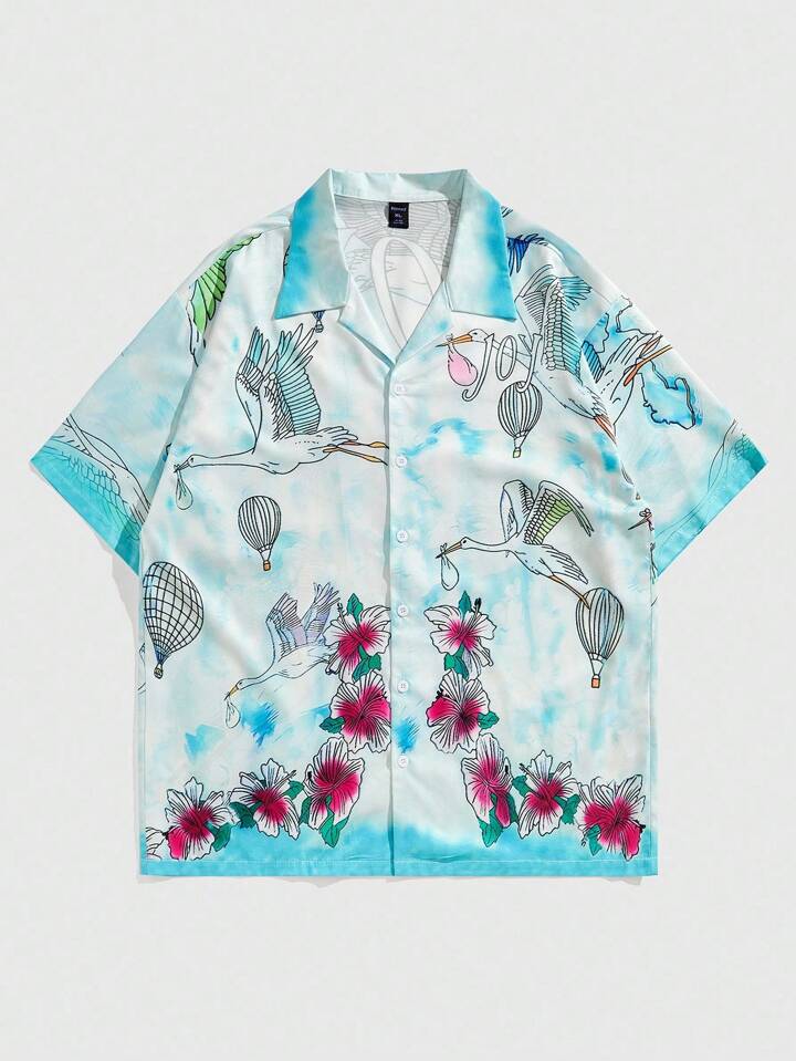 Casual Men's Hawaiian Floral & Bird Print Short Sleeve Shirt