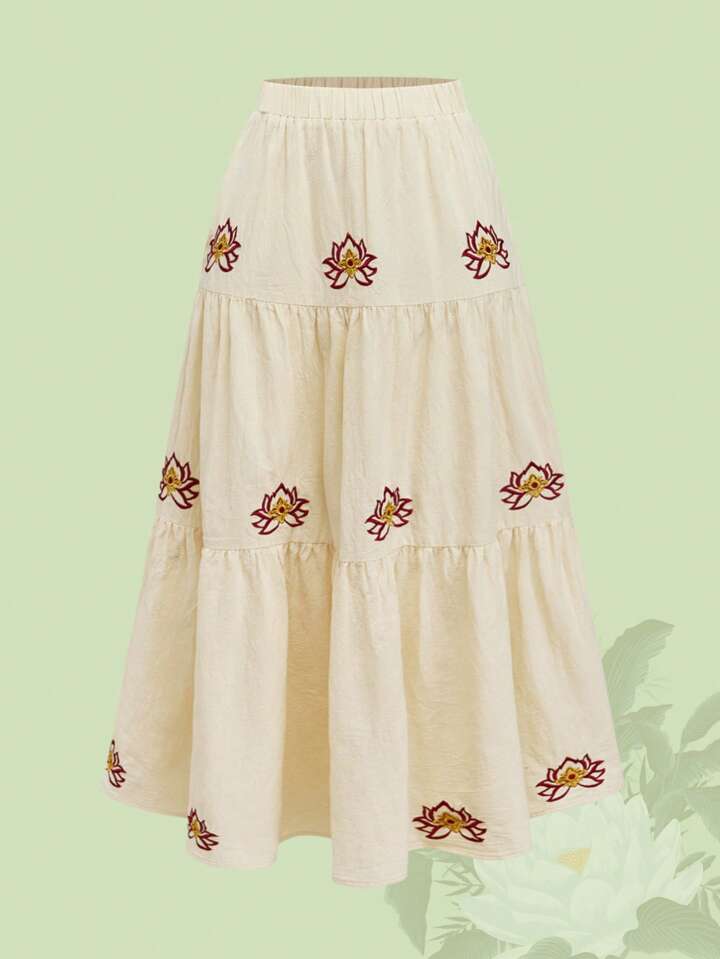 The White Lotus Lotus Embroidered A-Line Skirt For Women, Resort Style