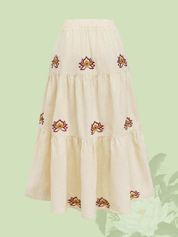 The White Lotus Lotus Embroidered A-Line Skirt For Women, Resort Style