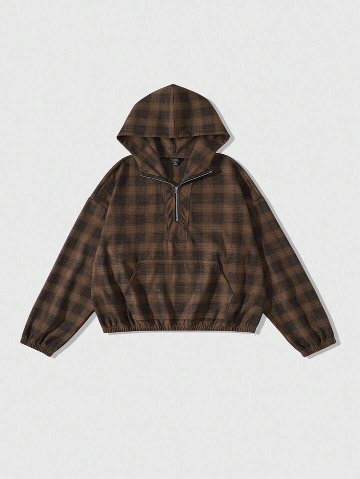 Prep Men's Plaid Print Half Zip Hooded Sweatshirt, Loose Cropped Style , Fall