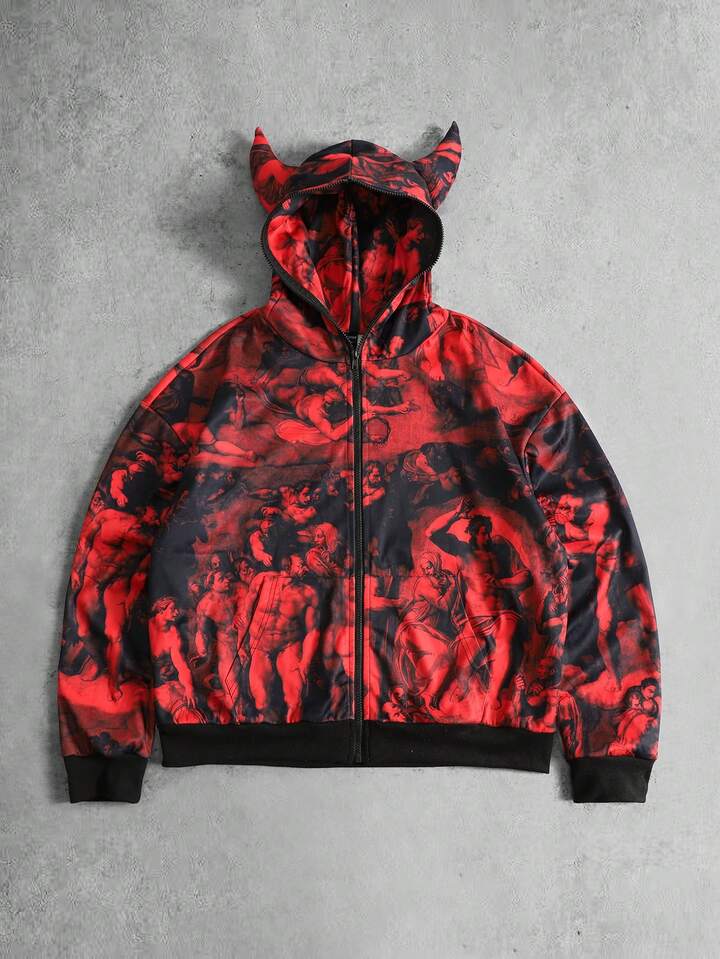 Men's Casual Fashion Street Full-Print Zipper Stand Collar Loose Hoodie Sweatshirt With Devil Ears, Spring/Autumn