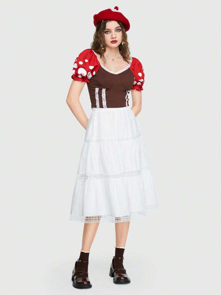 Fairycore Color-block Polka Dot Print Contrast Lace Puff Sleeve Costume Blouse