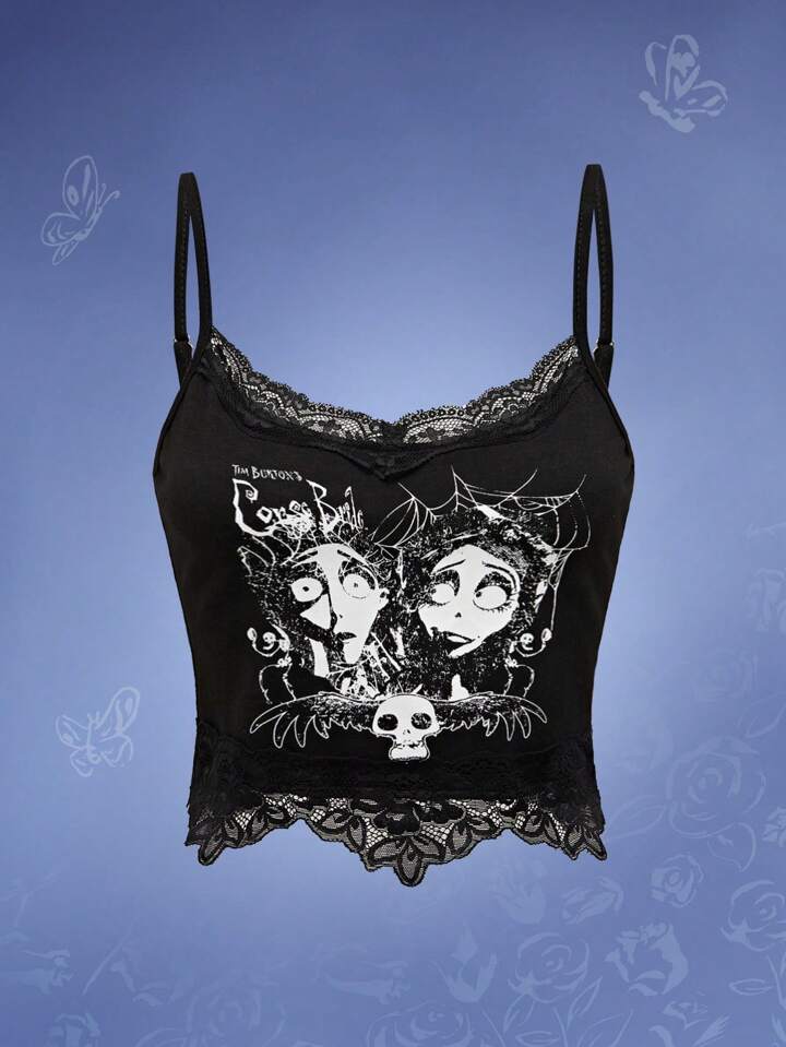 Corpse Bride | ROMWE Gothic Figure Patterned Contrast Lace Slim Fit Crop Camisole Top, School
