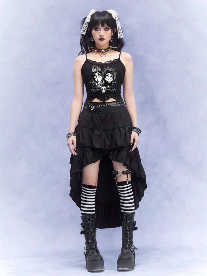 Corpse Bride | ROMWE Gothic Figure Patterned Contrast Lace Slim Fit Crop Camisole Top, School