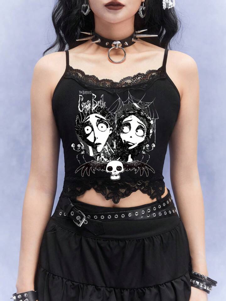 Corpse Bride | ROMWE Gothic Figure Patterned Contrast Lace Slim Fit Crop Camisole Top, School