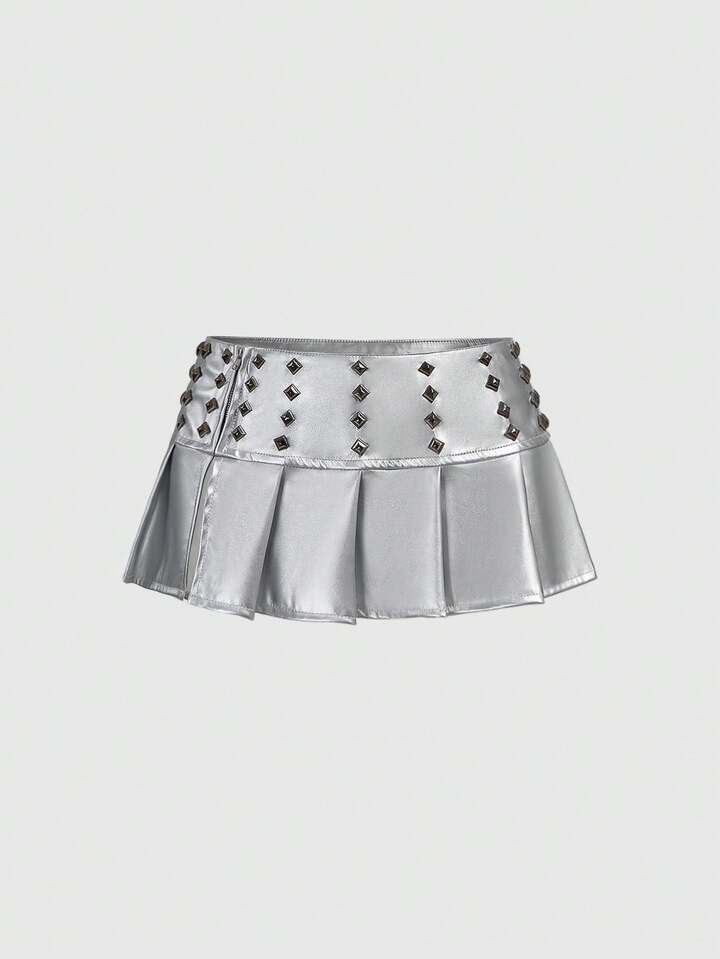 ROMWE Avant Music Festival PU Punk Rivet Super Low Waist Pleated Decor Women Skirt