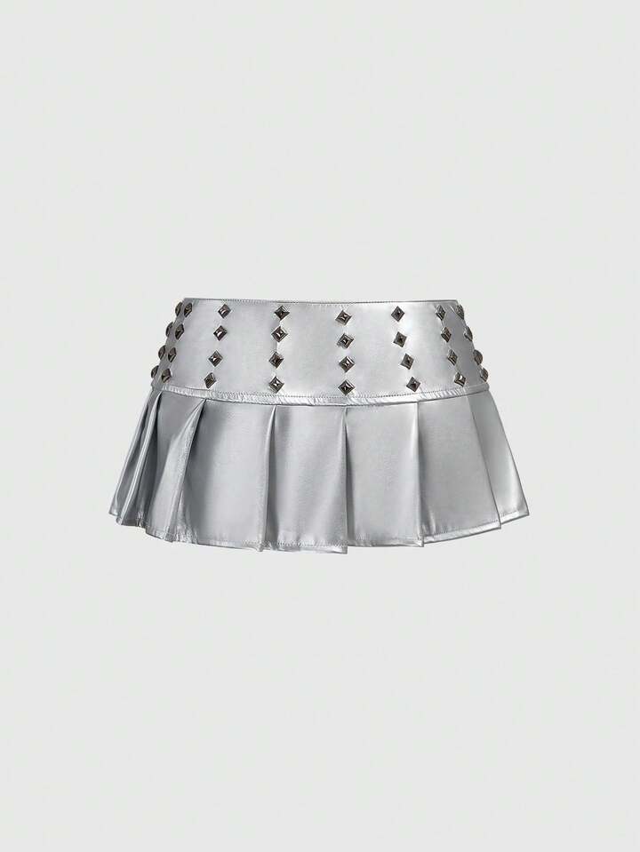 ROMWE Avant Music Festival PU Punk Rivet Super Low Waist Pleated Decor Women Skirt 2 ROMWE Avant Music Festival PU Punk Rivet Super Low Waist Pleated Decor Women Skirt