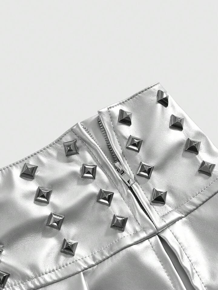 ROMWE Avant Music Festival PU Punk Rivet Super Low Waist Pleated Decor Women Skirt 3 ROMWE Avant Music Festival PU Punk Rivet Super Low Waist Pleated Decor Women Skirt