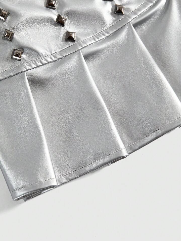 ROMWE Avant Music Festival PU Punk Rivet Super Low Waist Pleated Decor Women Skirt 4 ROMWE Avant Music Festival PU Punk Rivet Super Low Waist Pleated Decor Women Skirt