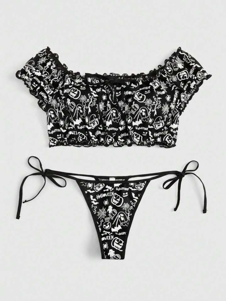 Gothic Dark Halloween Mesh Bat & Ghost Print Off-Shoulder Lace-Up Crotchless Lingerie Set