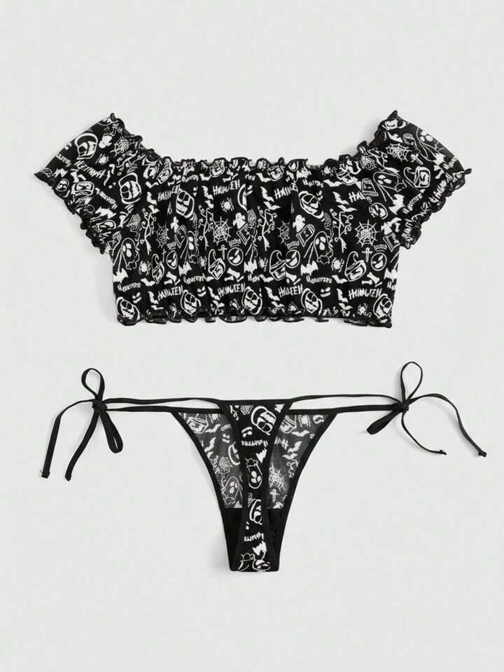 Gothic Dark Halloween Mesh Bat & Ghost Print Off-Shoulder Lace-Up Crotchless Lingerie Set 2 Gothic Dark Halloween Mesh Bat & Ghost Print Off-Shoulder Lace-Up Crotchless Lingerie Set