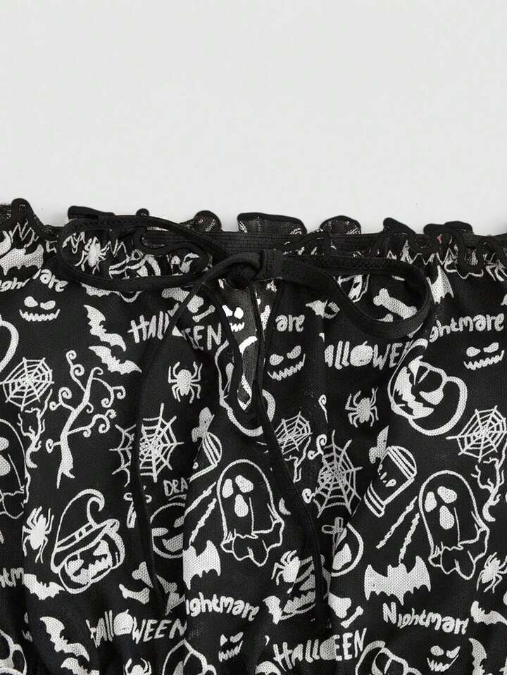 Gothic Dark Halloween Mesh Bat & Ghost Print Off-Shoulder Lace-Up Crotchless Lingerie Set 5 Gothic Dark Halloween Mesh Bat & Ghost Print Off-Shoulder Lace-Up Crotchless Lingerie Set