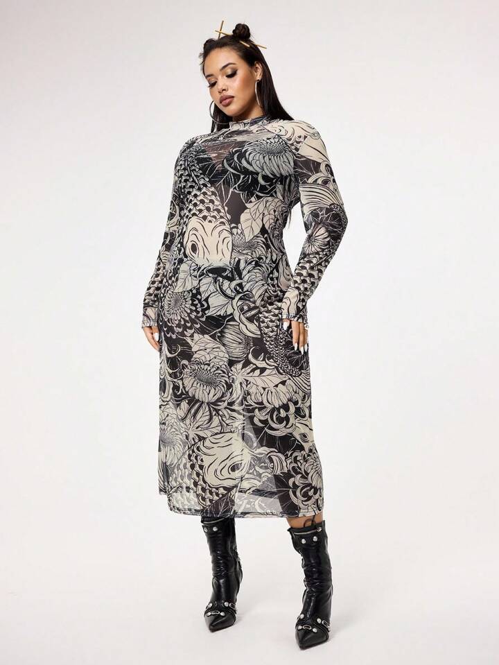 Grunge Punk Retro Koi Fish Net Mesh Print Stretchy Plus Size Women Slim Fit Sexy Dress