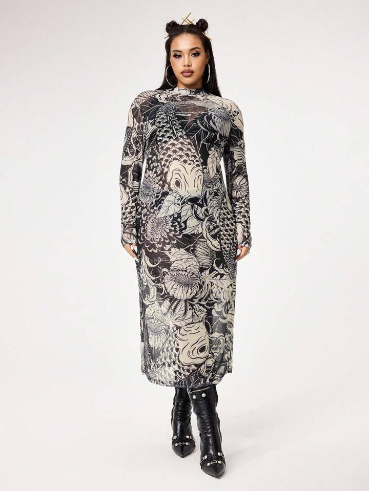 Grunge Punk Retro Koi Fish Net Mesh Print Stretchy Plus Size Women Slim Fit Sexy Dress 4 Grunge Punk Retro Koi Fish Net Mesh Print Stretchy Plus Size Women Slim Fit Sexy Dress