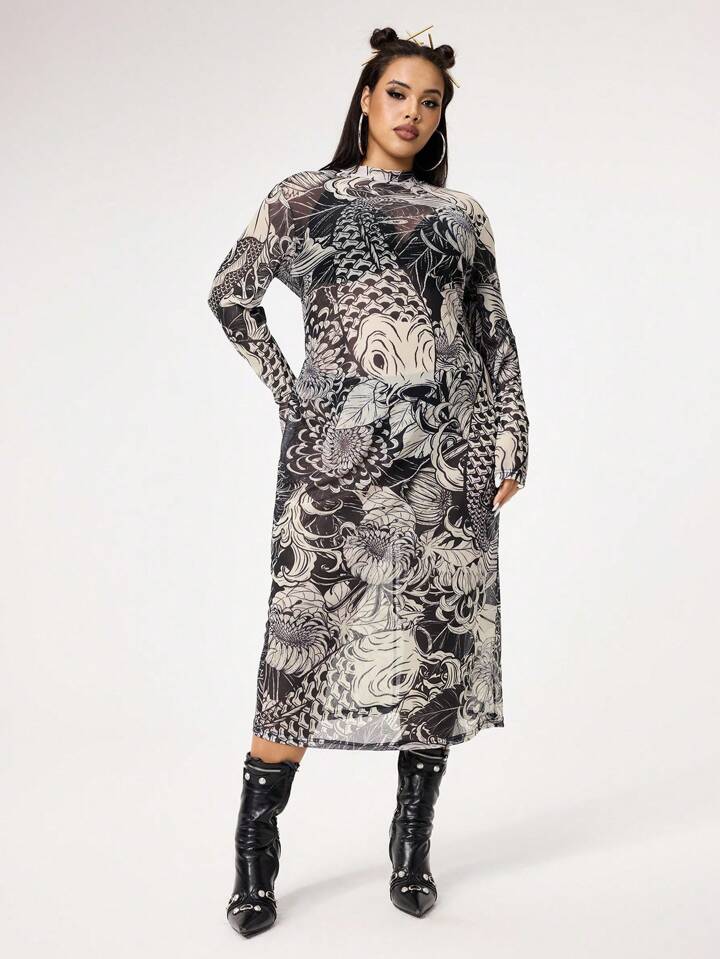 Grunge Punk Retro Koi Fish Net Mesh Print Stretchy Plus Size Women Slim Fit Sexy Dress 5 Grunge Punk Retro Koi Fish Net Mesh Print Stretchy Plus Size Women Slim Fit Sexy Dress