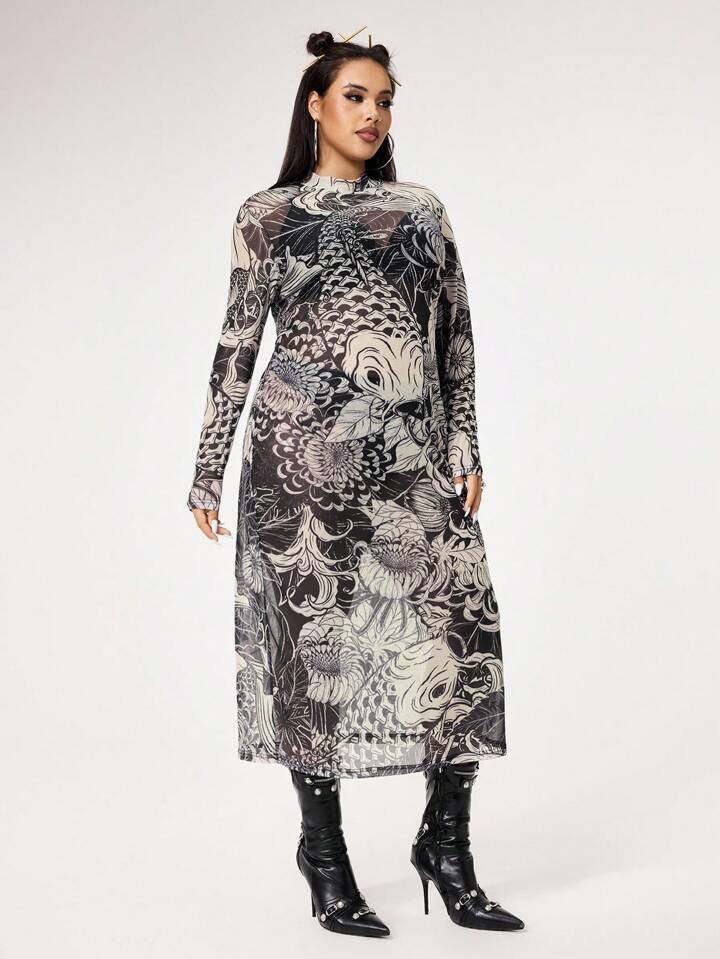 Grunge Punk Retro Koi Fish Net Mesh Print Stretchy Plus Size Women Slim Fit Sexy Dress 6 Grunge Punk Retro Koi Fish Net Mesh Print Stretchy Plus Size Women Slim Fit Sexy Dress