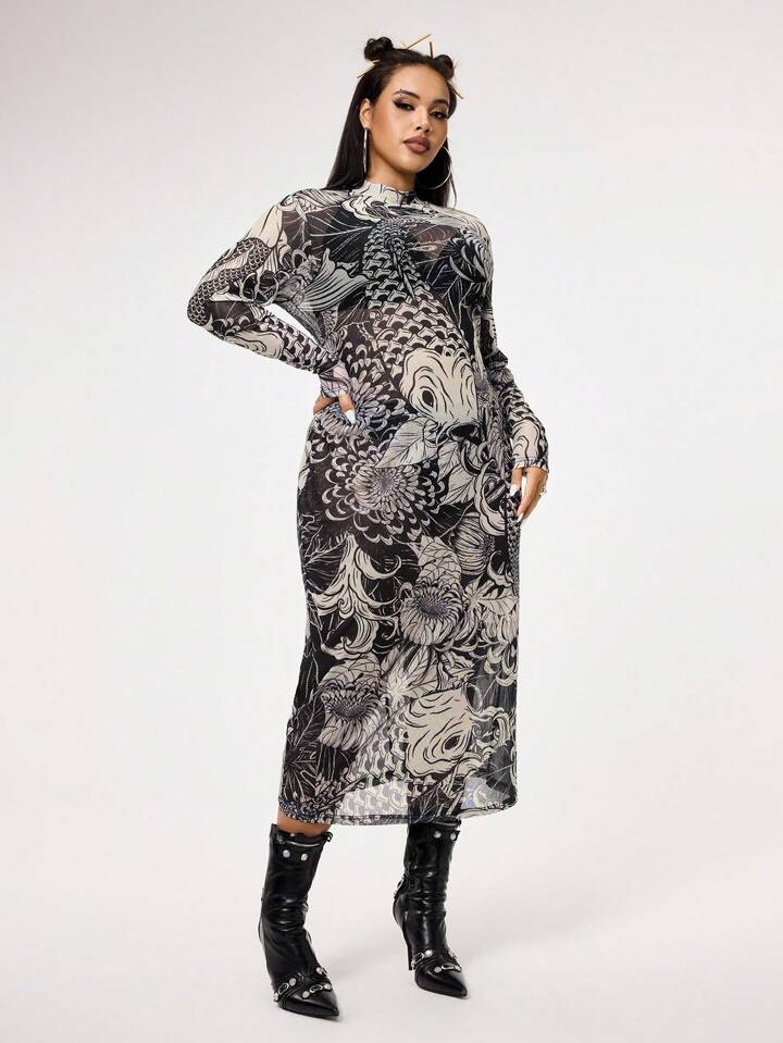 Grunge Punk Retro Koi Fish Net Mesh Print Stretchy Plus Size Women Slim Fit Sexy Dress 7 Grunge Punk Retro Koi Fish Net Mesh Print Stretchy Plus Size Women Slim Fit Sexy Dress