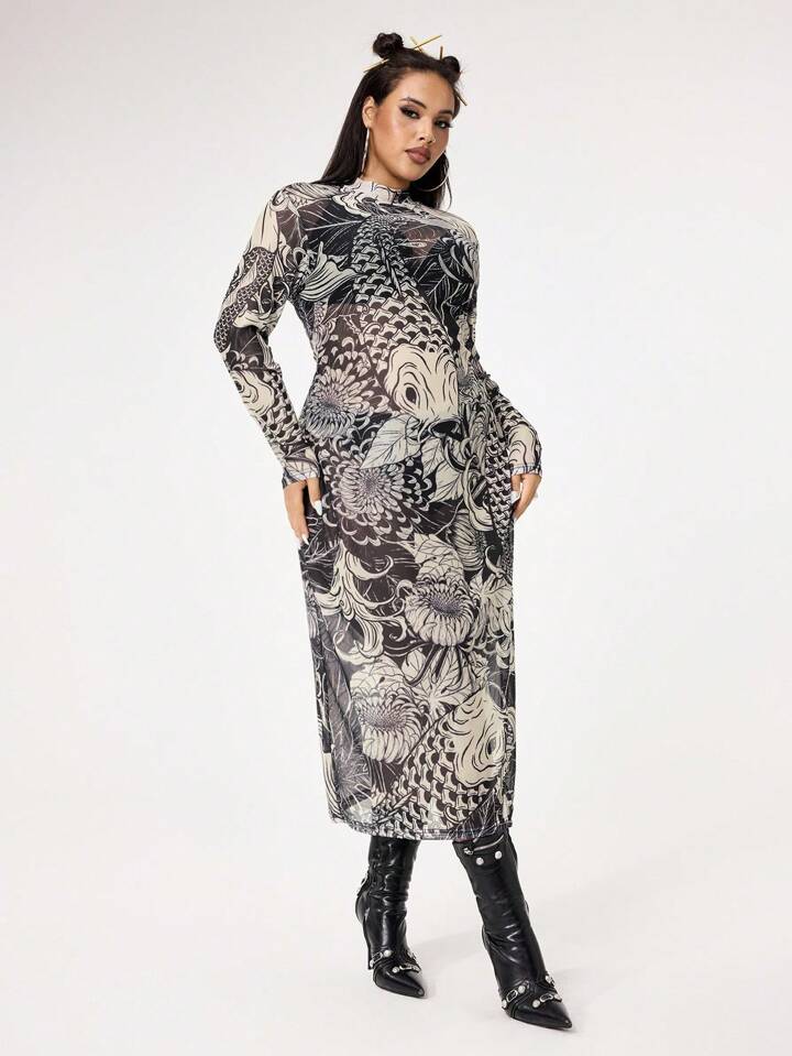 Grunge Punk Retro Koi Fish Net Mesh Print Stretchy Plus Size Women Slim Fit Sexy Dress 8 Grunge Punk Retro Koi Fish Net Mesh Print Stretchy Plus Size Women Slim Fit Sexy Dress