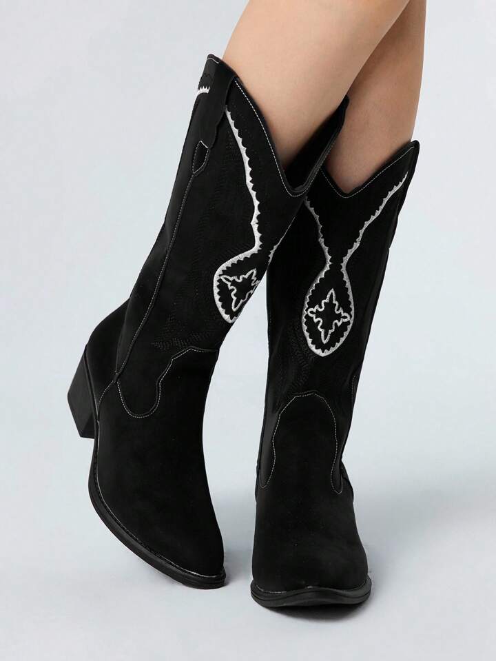 Women's Gothic Rock Punk Embroidered V-Cut Western-Style Chunky Heeled Tall Boots, Mid-Calf Boots, Halloween