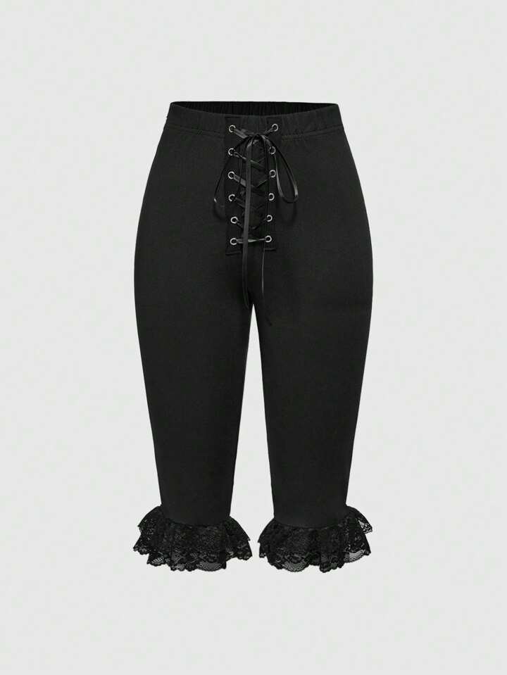 Kawaii Women's Basic Y2K Millennium Style Lace Patchwork Tie Up Capri Pants
