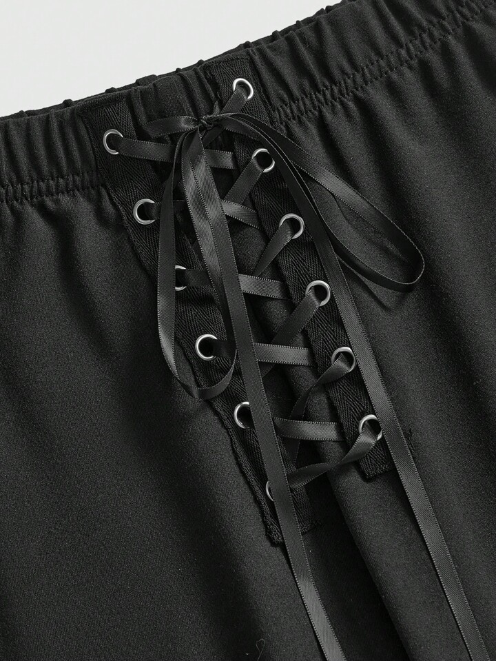 Kawaii Women's Basic Y2K Millennium Style Lace Patchwork Tie Up Capri Pants 3 Kawaii Women's Basic Y2K Millennium Style Lace Patchwork Tie Up Capri Pants