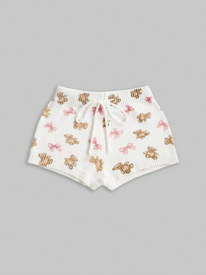 Kawaii Cute Bear & Bow Drawstring Elastic Waist Knitted Women's Low-Rise Shorts