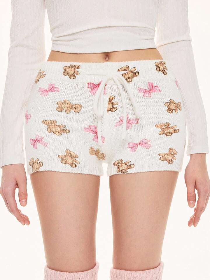 Kawaii Cute Bear & Bow Drawstring Elastic Waist Knitted Women's Low-Rise Shorts 2 Kawaii Cute Bear & Bow Drawstring Elastic Waist Knitted Women's Low-Rise Shorts