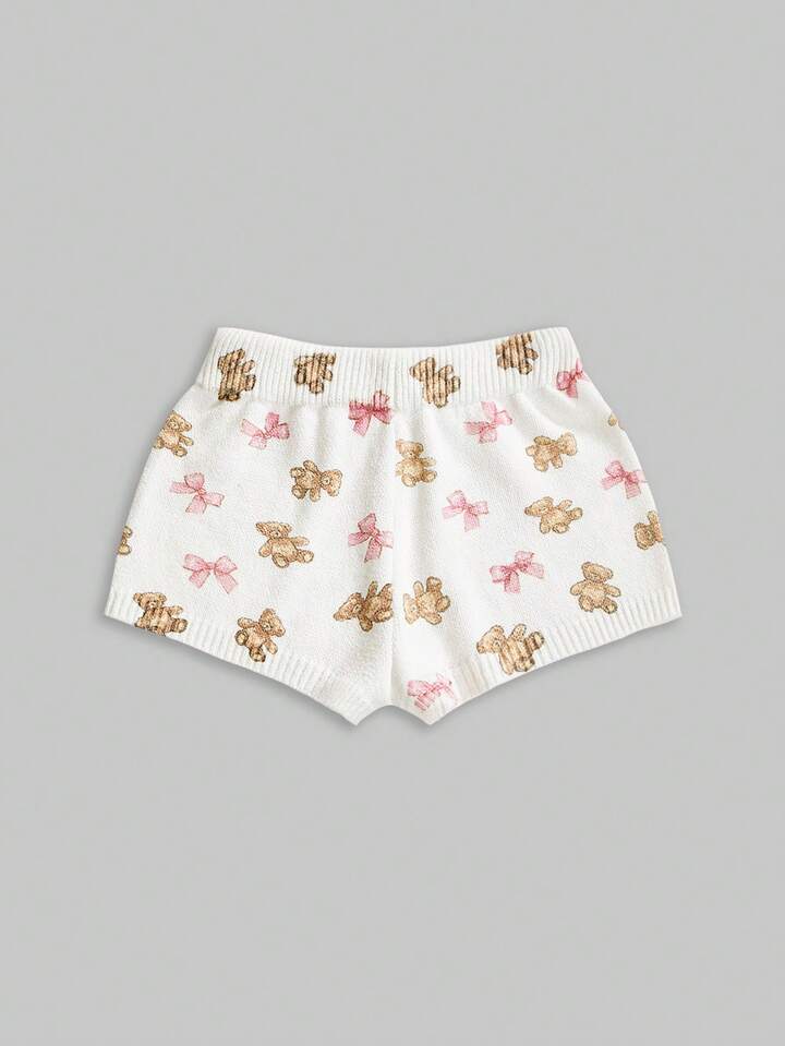 Kawaii Cute Bear & Bow Drawstring Elastic Waist Knitted Women's Low-Rise Shorts 3 Kawaii Cute Bear & Bow Drawstring Elastic Waist Knitted Women's Low-Rise Shorts