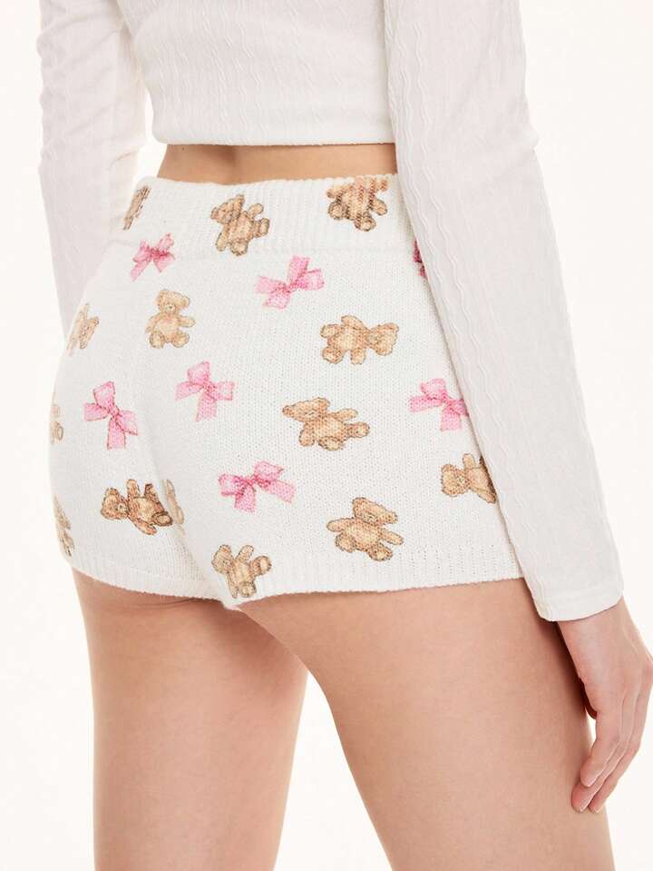 Kawaii Cute Bear & Bow Drawstring Elastic Waist Knitted Women's Low-Rise Shorts 5 Kawaii Cute Bear & Bow Drawstring Elastic Waist Knitted Women's Low-Rise Shorts